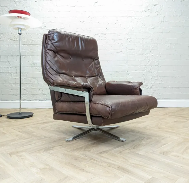 Mid-Century Swedish Cognac Brown Leather & Chrome Swivel Armchair by Arne Norell