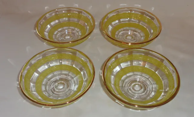 4 Vintage Chance Glass Yellow Sugar Frosted Glass Desert Bowls-SpiderWeb pattern