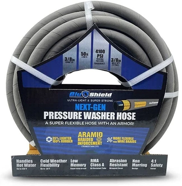 BluShield Aramid Braided 3/8" Rubber Pressure Washer Hose, 100 Ft. 4100 PSI