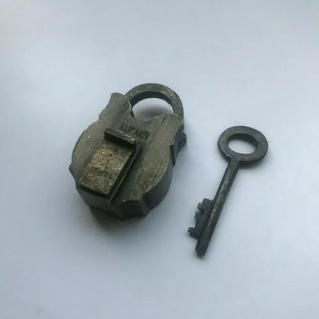 Brass padlock or lock with key Old antique small or miniature RARE SHAPE