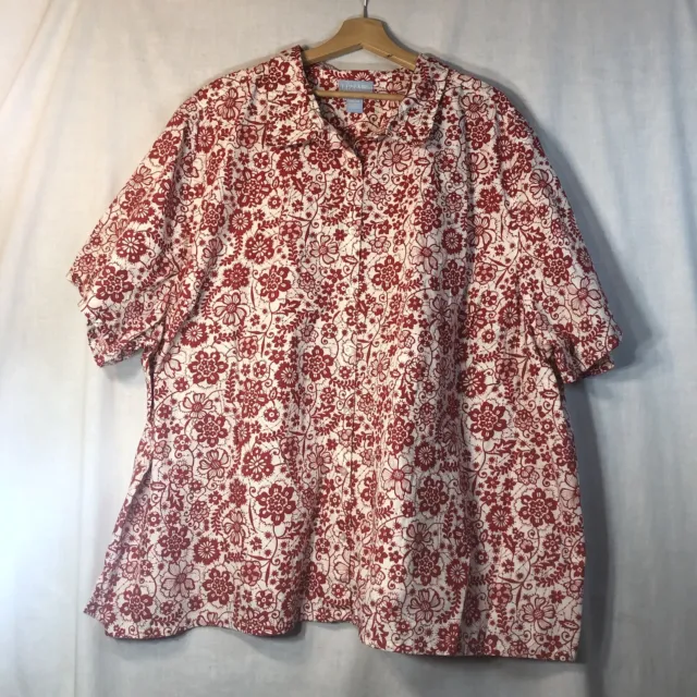 Liz & Me Size 5x 34/36 White w red Flowers Button Up Shirt Cotton Short Sleeve