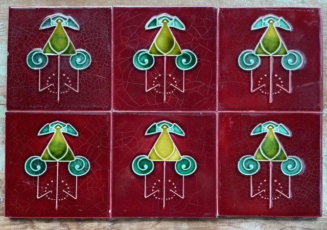Set of 6 Antique Majolica Art Nouveau 6x6 Tiles England