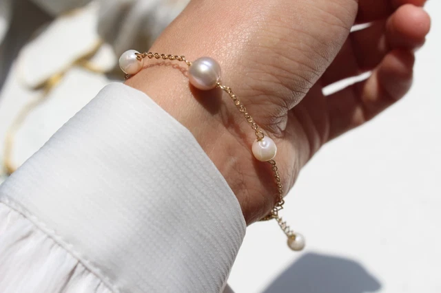 Bracelet Argent Et Or Jaune Avec Perles De Culture Grises Et Blanches - Fait Main, Neuf Avec étiquette #1561