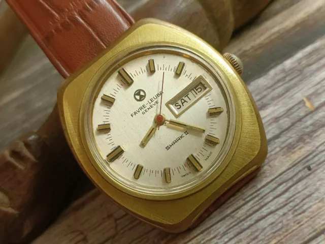 Auténtico Favre Leuba Geneve Shark II Suizo Automático HOMBRES Oro Vintage Reloj