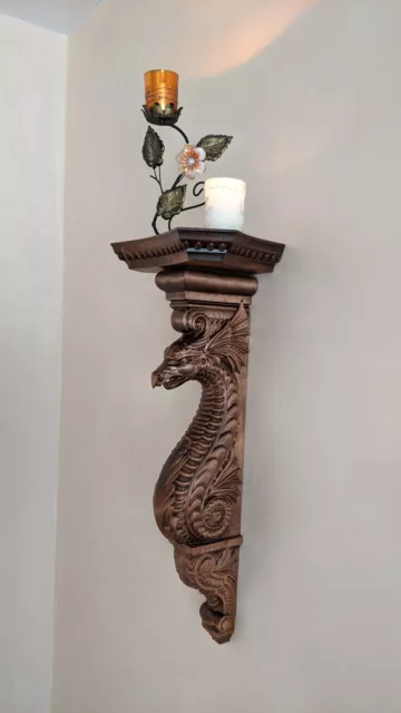 Wall bracket shelf/Corbel Dragon Carved console from alder wood 26"