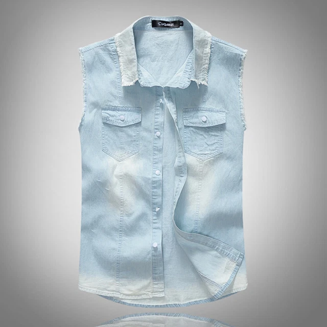 Camicia senza maniche in denim uomo in denim strappato top gilet jeans top tascabile