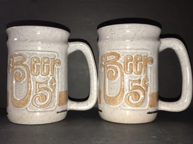 Vintage 2 Large Heavy Steins Stoneware Pottery Craft Beer 5 Cent Mugs USA