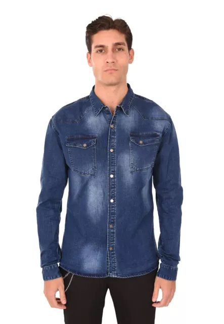 Camicia di Jeans Uomo Elasticizzato Slim Fit Blu in Cotone Denim Manica Lunga