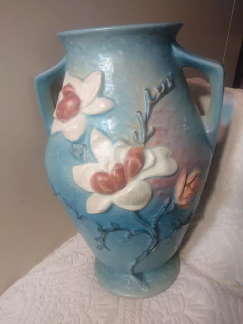 Vtg Roseville Art Pottery Blue Floor Vase Magnolia 15" Small Flaw Impressive