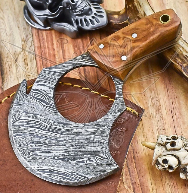 Custom Hand Forged Pizza Cutter Damascus Olive Wood Survival Outdoor Gift
