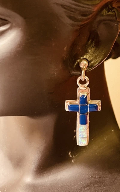 Native American  Sterling Silver ￼ With Lapis And Mother Of Pearl Cross Earrings