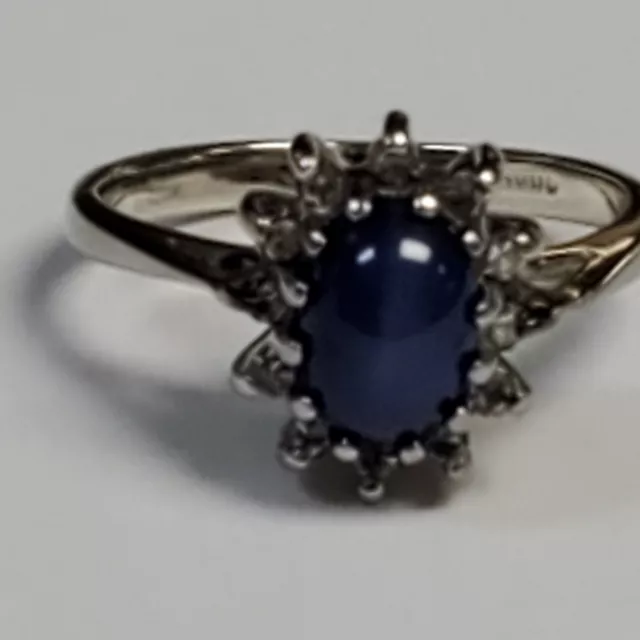 VNTG 10 k WHITE GOLD 0.06 CT NATURAL DIAMONDS & LINDE STAR SAPPHIRE RING,SIZE 4