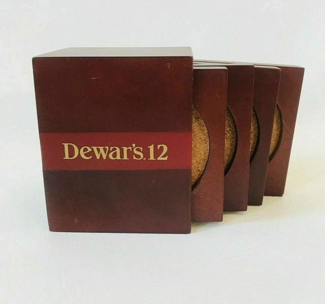 Dewar's 12 Scotch Whiskey Bar Coasters (Set Of 4) Wood/Cork In Wood Box Barware