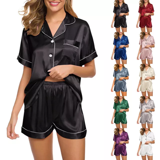 Women's Silk Satin Pajamas Set Short Sleeve Button-Down Sleepwear Loungewear