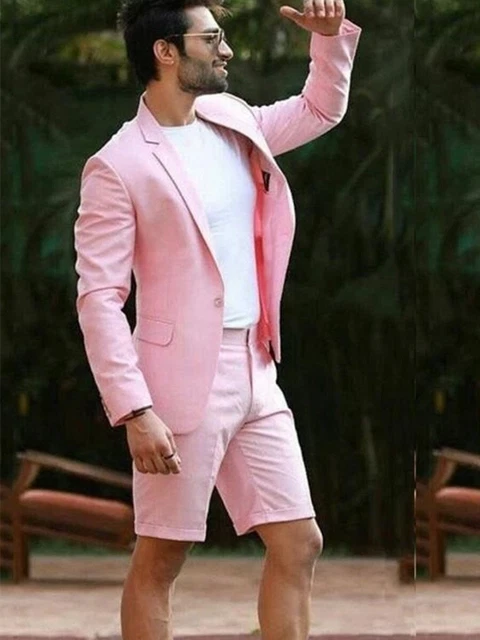 Men Pink Summer Casual Beach Suit Groom Tuxedo Party Prom Suit Shorts Custom