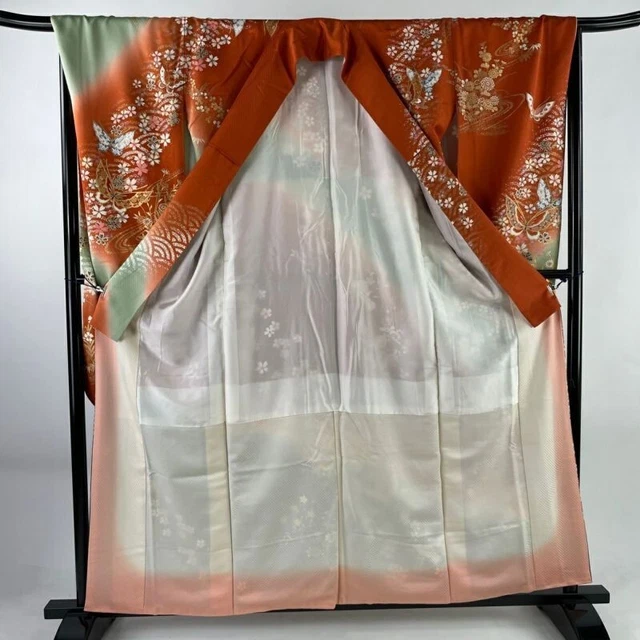 Japanese Kimono Furisode Pure Silk Butterfly Cherry Blossom Reddish Brown 3