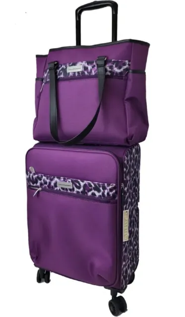 NWT 2 pc Set Samantha Brown 22" Spinner Luggage & Satchel Purple Leopard $179