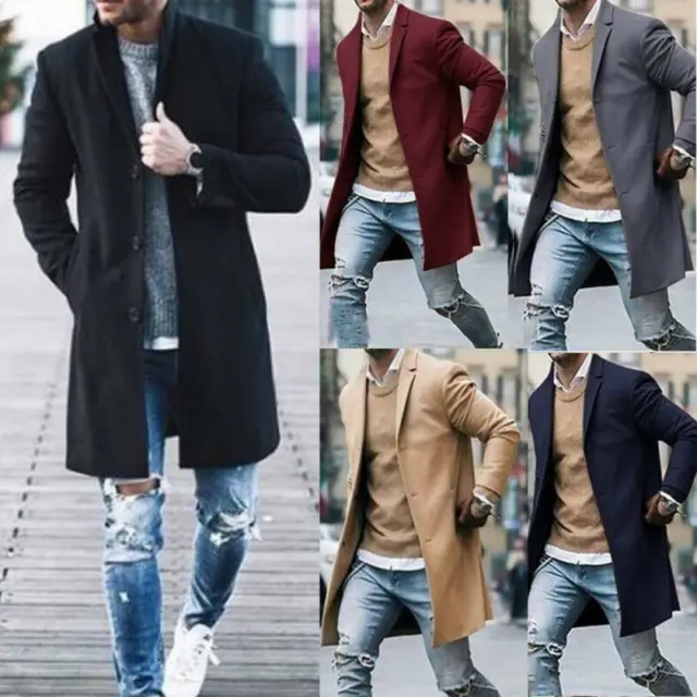 Men's Long Sleeve Jacket Trench Coat Outwear Casual Button Overcoat Winter Warm