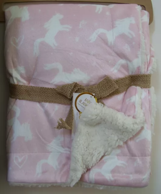 Girls Lila & Jack Soft Pink White Unicorn Heart Micro Mink Sherpa Baby Blanket