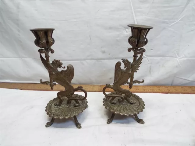 Pr Ornate Vintage Brass Candlesticks Eagle Winged Lion Griffin Candle Holder