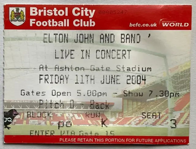 Biglietto concerto originale usato Elton John Ashton Gate Bristol 11 giugno 2004