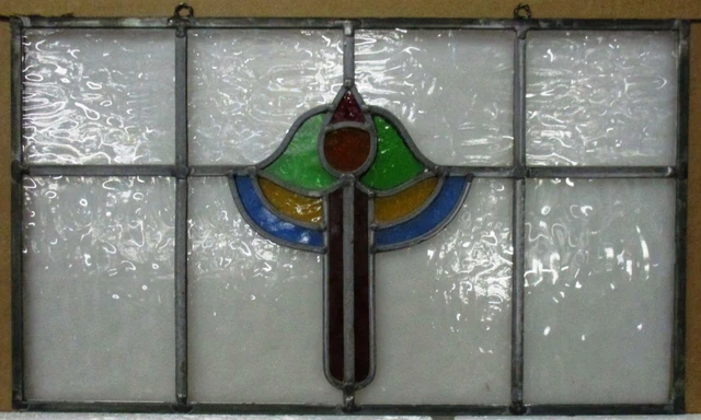 OLD ENGLISH LEADED STAINED GLASS WINDOW Unframed w Hooks Colorful 23" x 13.5"