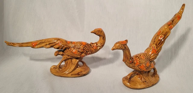 Mid Century Pottery/Ceramic Pheasant Figurines Orange Brown Lava Drip Glaze