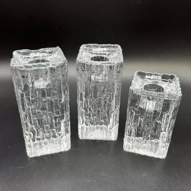 Nybro Sweden Crystal Square Textured Candle Holders Set Of 3