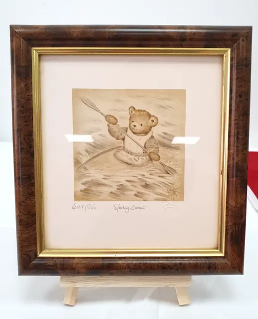 Sue Willis Signed Limited Edition Print 649 of 850 Sporting Bears Kayak Framed