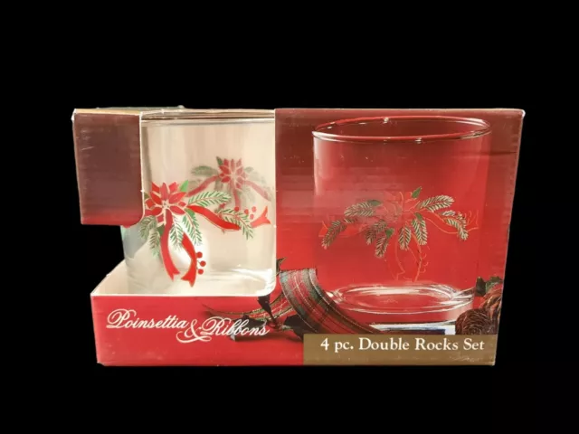 Set Of 4 Anchor Hocking 4" Tall Poinsettia & Ribbons 12 Oz Double Rocks Glasses