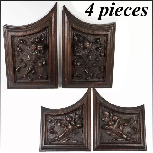 Set 4pc Antique Carved Wood Cabinet Panels, Neo-Renaissance, Gothic Cornucopia