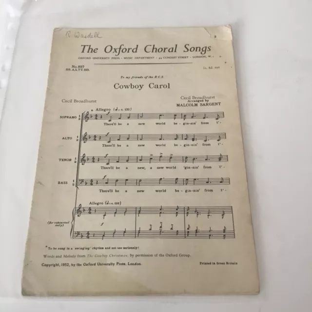 COWBOY CAROL. Oxford Chorlieder S.S.A.T.T.B.B. Seltene Vintage Noten