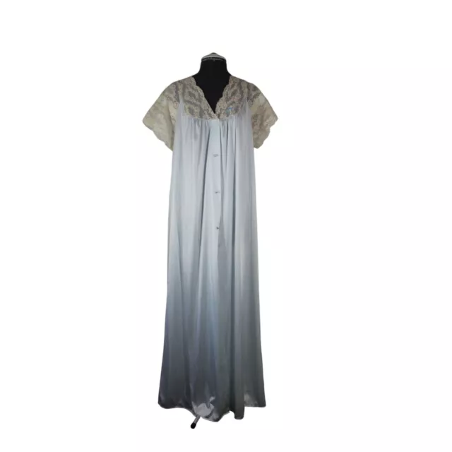 Shadowline women's vintage blue nylon lace embroidered pearl button nightgown M