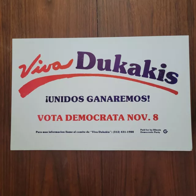1988 Michael Dukakis Viva Spanish Illinois Campaign Poster 14" X 22"