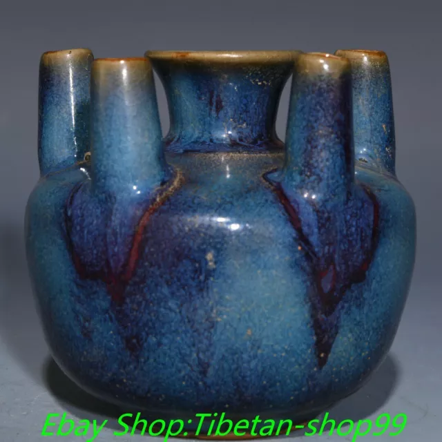 4.5" Old Chinese Song Dynasty Jun Kiln Porcelain 6 Pipe Flower Bottle Vase