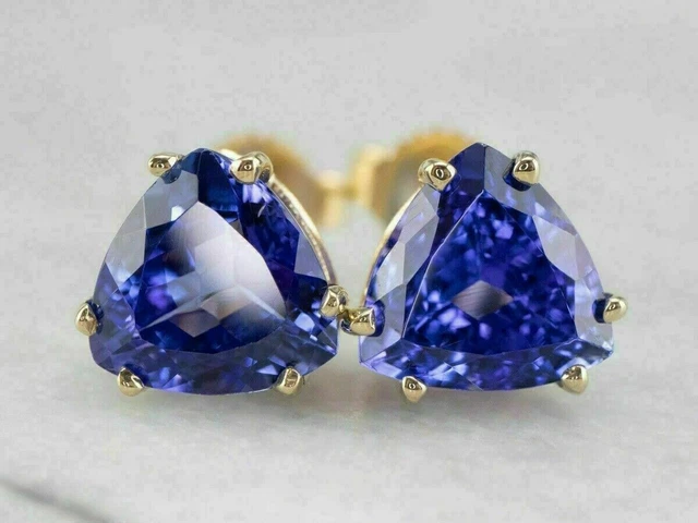 2Ct Trillion Cut Simulated Tanzanite Women's Stud Earring 14K Yellow Gold Finish