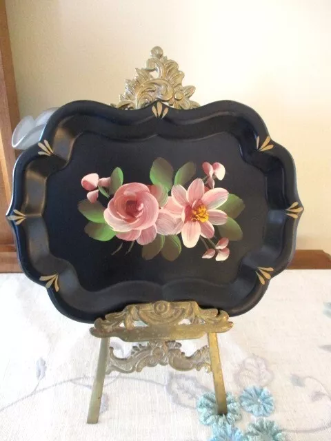 Vintage Hand Painted Pale Pink Roses Metal Dresser Jewelry Perfume Pin Tole Tray