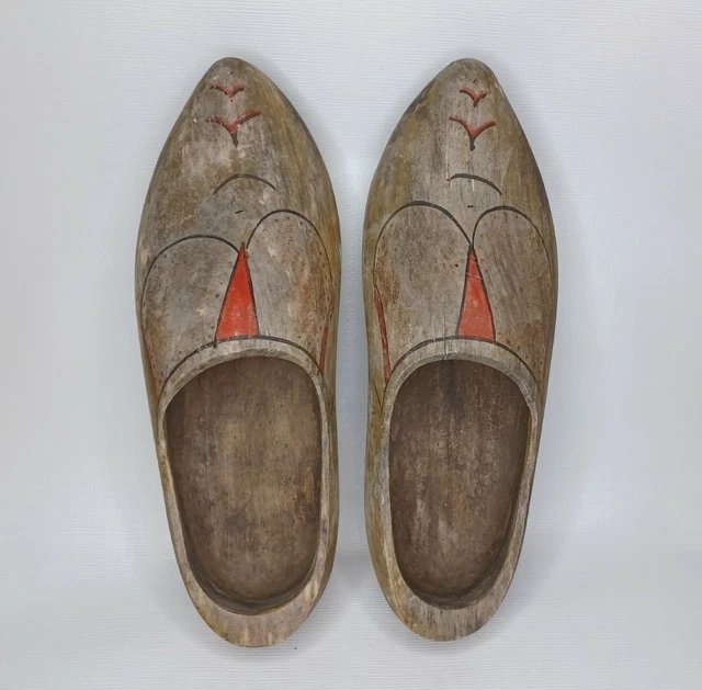 Vintage Pair Hand Carved Wooden Shoes Decorative Wood Clogs 13"