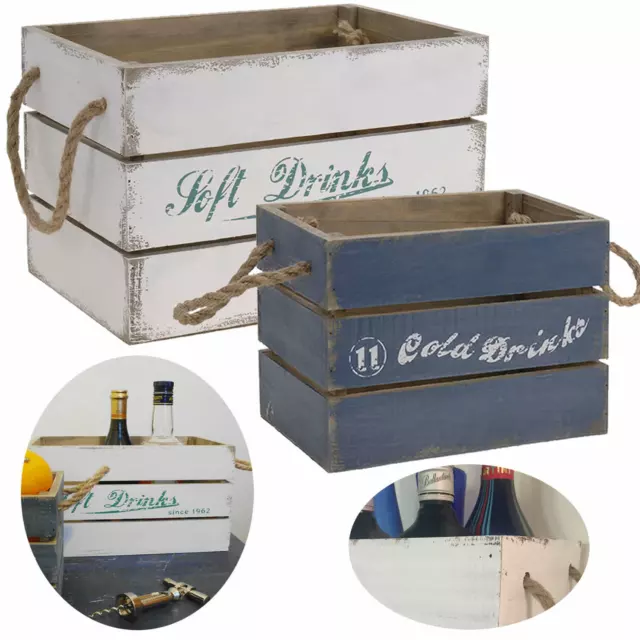 2´er Set Vintage Holz Weinkisten Blau Weiß Deko Flaschen-Korb Kiste Regal Retro