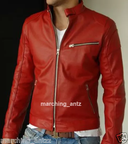 New Men Lambskin Leather Jacket Red Biker Casual Size S M L XL XXL Custom Made