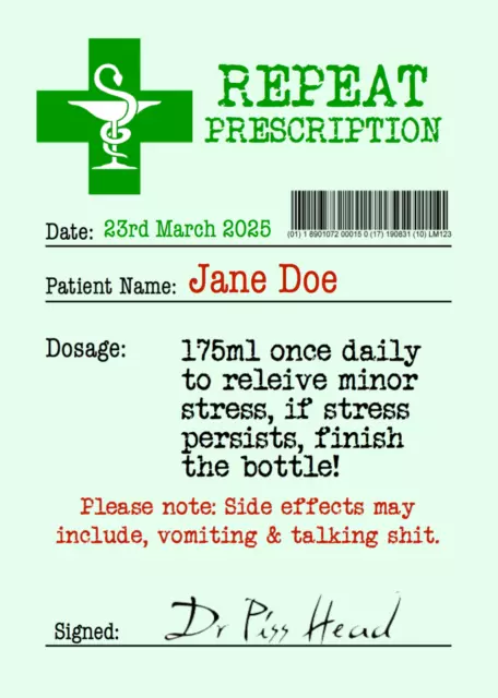 Prescription PERSONALISED BIRTHDAY MEDICINE PARTY WINE FUNNY BOTTLE GIFT LABEL