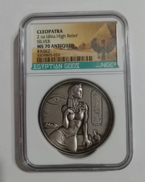 Cleopatra 2 oz Silver  Ultra High Relief Egyptian Gods NGC Ms 70 Antique