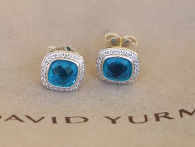 David Yurman Sterling Silver 7mm Albion Blue Topaz with Diamonds Stud Earrings