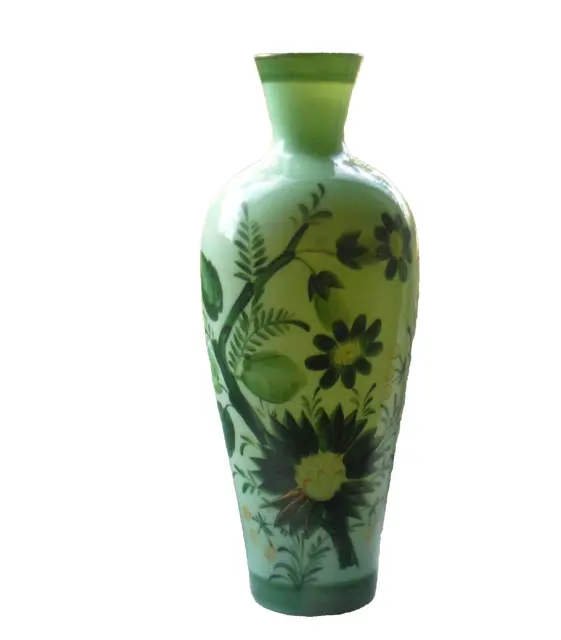Victorian Apple Green Milk Glass Vase-Hand Painted Floral Decoration