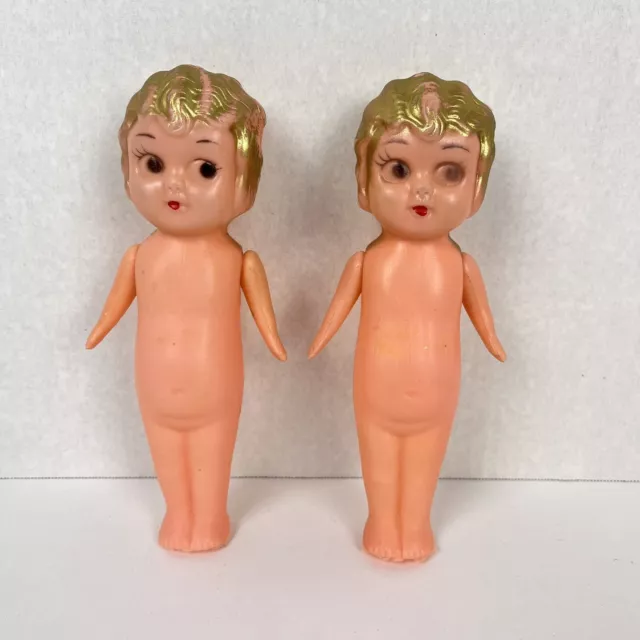 2 Vintage Kewpie Flapper Dolls Plastic Celluloid Side Eye 7" Gold Hair