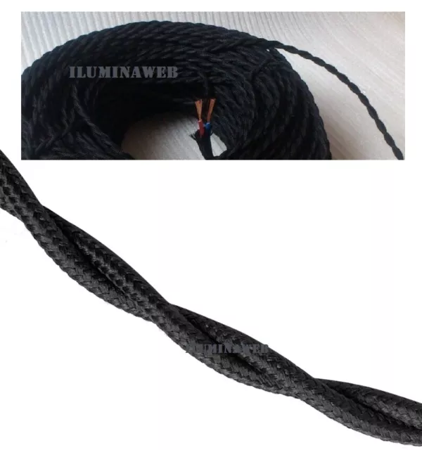 1m Manguera Rizada textil Tela negra 2x0,75mm2 Vintage Cable rizado cuerda negro