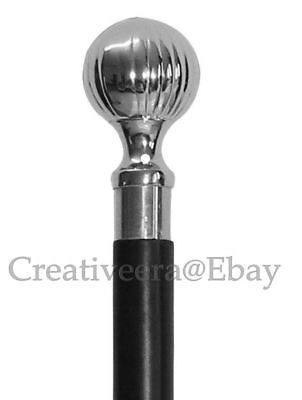 SIlver Brass Ball Head Handle Victorian Style Wooden Walking Stick Vintage Canes