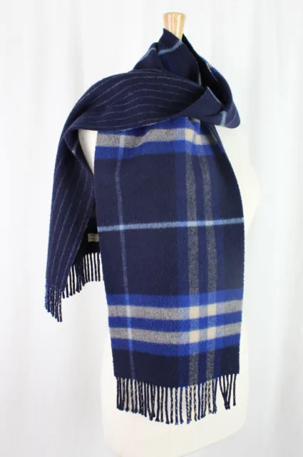 Burberry Women's Blue Plaid Wool Cashmere Reversible Scarf 11 x 68