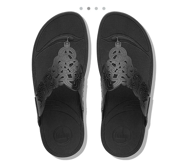 Fitflop Uk 4 US 6 Black FLORA  Leather Toe-Post Sandals Slip On Slides Summer