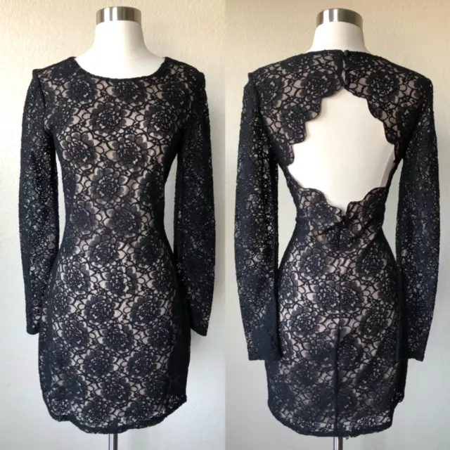 Bardot Womens Black Lace Mini Dress Size 6 S Floral Long Sleeve Open Back Lined